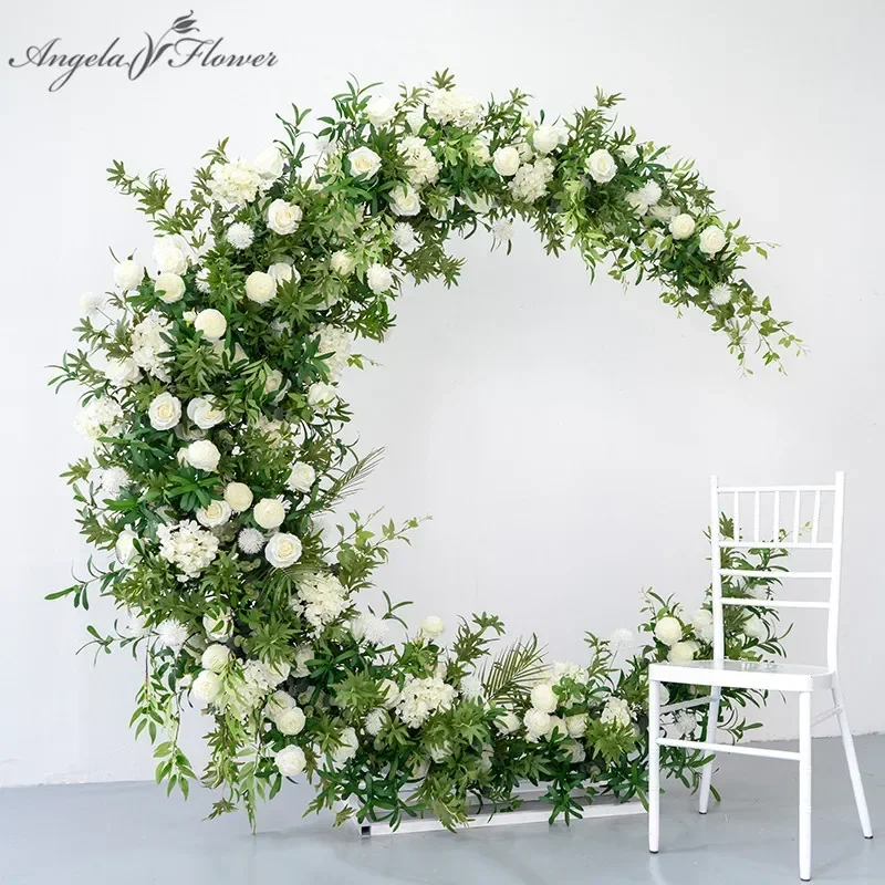 Mond bogen mit Blume, Hochzeit Hintergrund Dekor, Künstliche grüne Pflanze, weiße Rose Blumen arrangement,