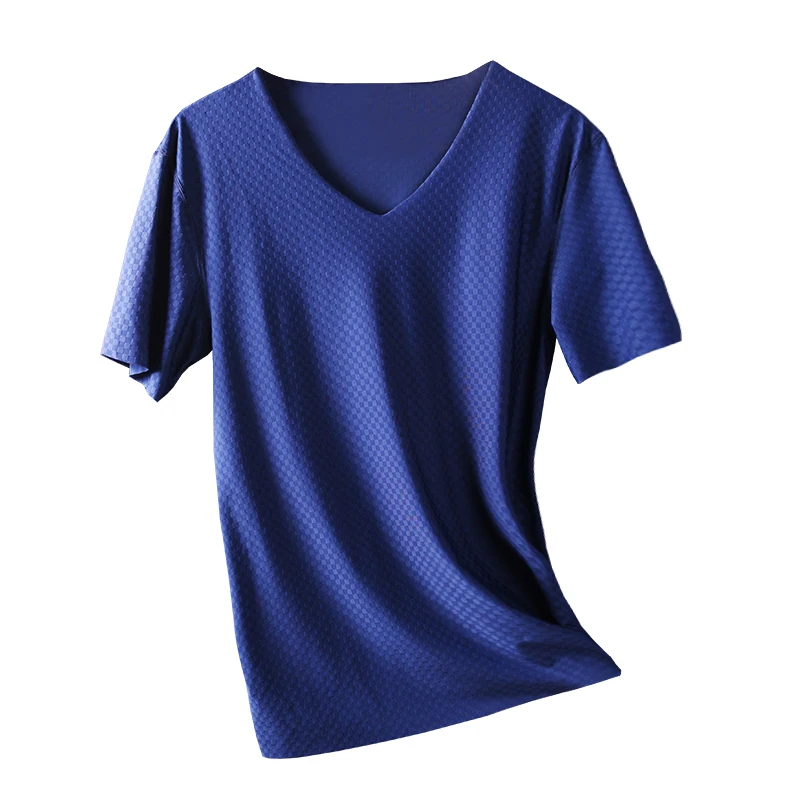 Men's Ice Silk Seamless V-Neck T-Shirt, Thin Elastic Slim Fit Mesh Quick Dry Sports Short Sleeve Tee for Summer