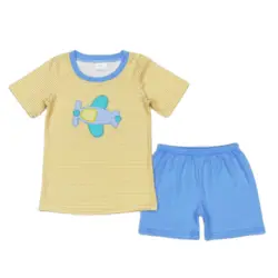 Wholesale Toddler Yellow Short Sleeves Cotton Plane T-shirts Kids Plaid Shorts Outfit Children Embroidery Summer Sets