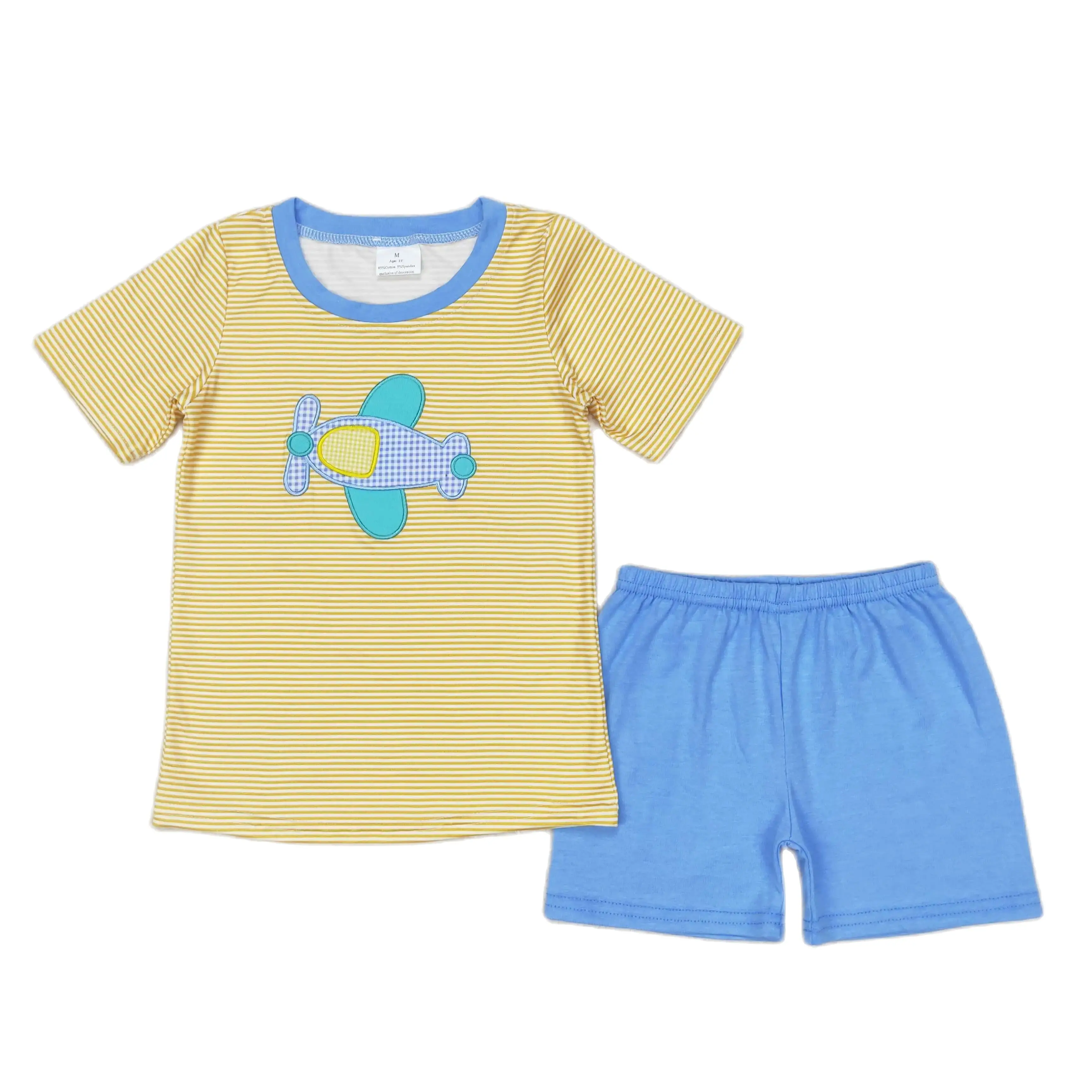 Wholesale Toddler Yellow Short Sleeves Cotton Plane T-shirts Kids Plaid Shorts Outfit Children Embroidery Summer Sets