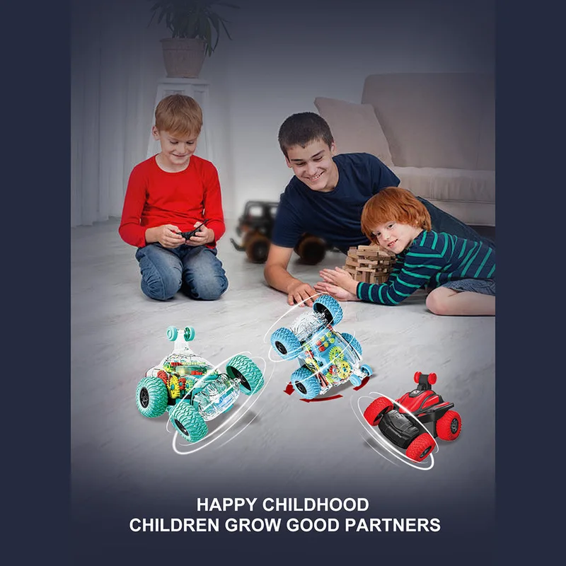 

Wireless Electric Remote Control Stunt Flip Car 4 Channel Transparent Gear 360 Degree Standing Spin Toy for Kids Boys & Girls