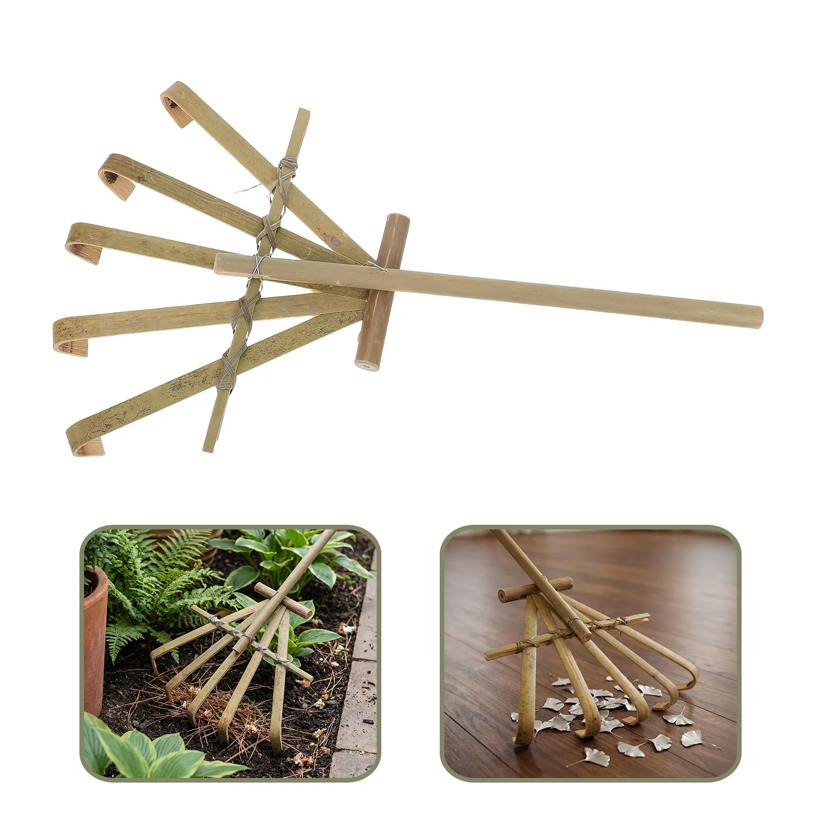 2Pcs Mini Bamboo Lawn Rake Handheld Gardening Tool Compact Leaf Rake for Small Garden Potted Plant Balcony Outdoor Garden