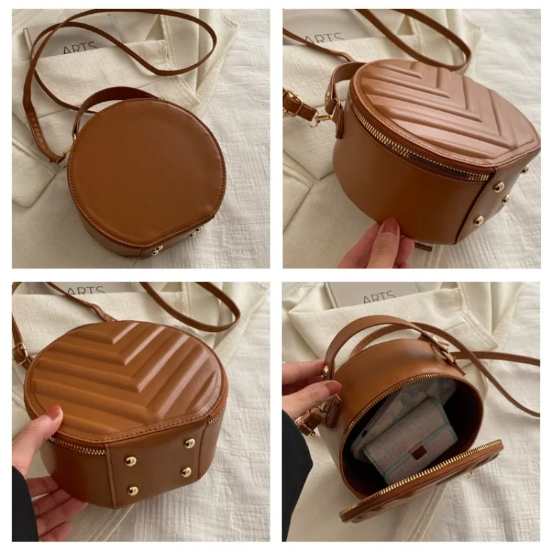 Fashion Round Shoulder Bag For Women Simple Mini Leisure Crossbody Bag Solid Color PU Leather Handbag Double Zipper Design Purse