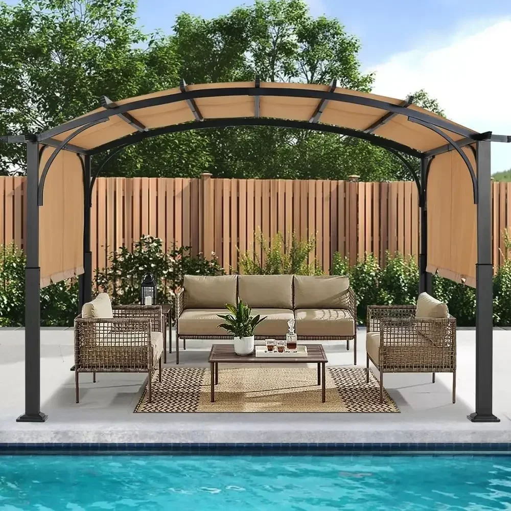10x12ft Arched Outdoor Pergola with Beige Retractable Canopy