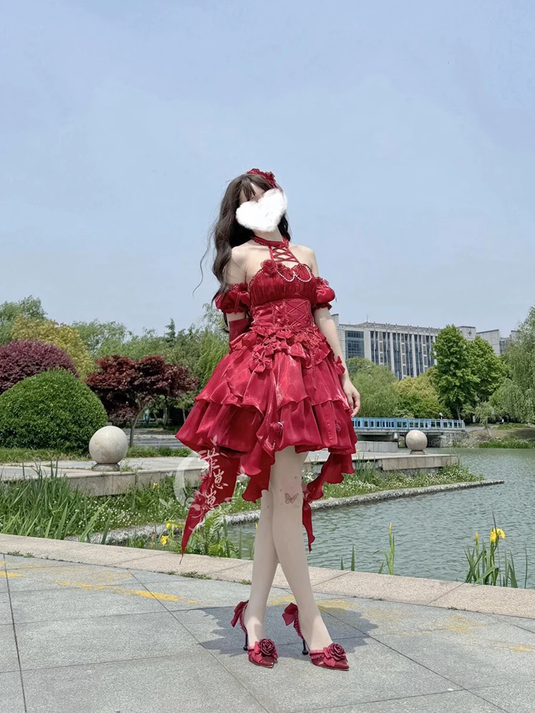 Red Camellia Dress Cos Red Lolita Neck Hanging Dress Flower Wedding Dress Cos Princess Dress Little Devil Skirt Cosplay Dress