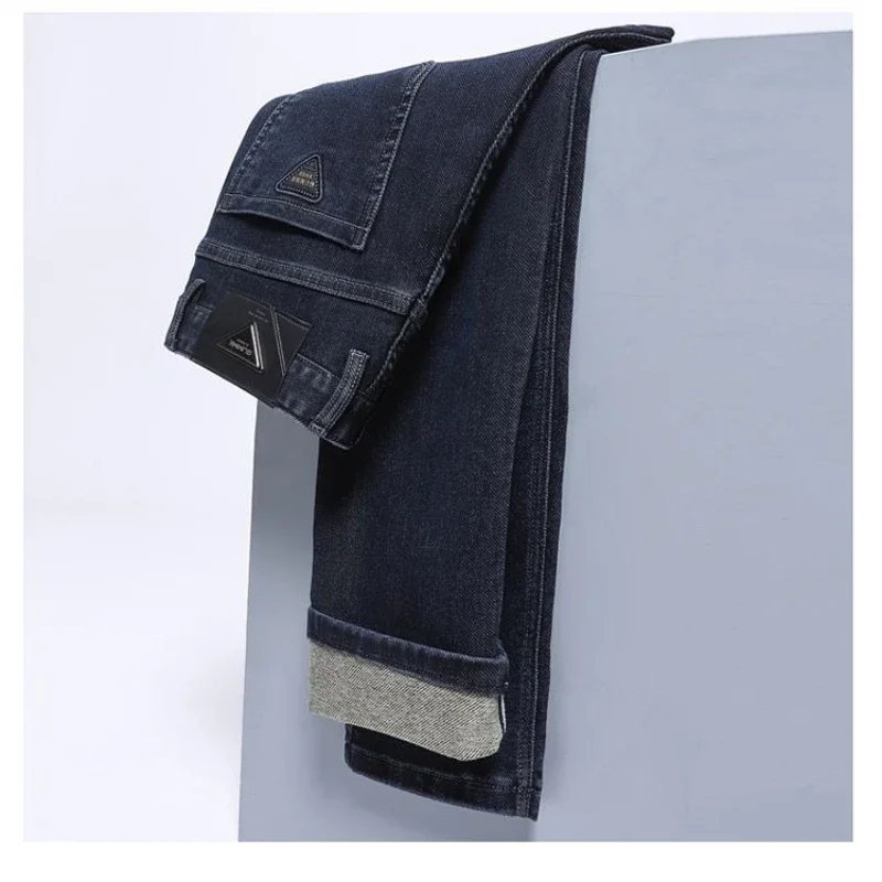 الخريف الشتاء الرجال عادية مستقيم الساق الجينز سميكة مريحة مطاطا سراويل جينز عالية الجودة سليم صالح الرجال الجينز #3