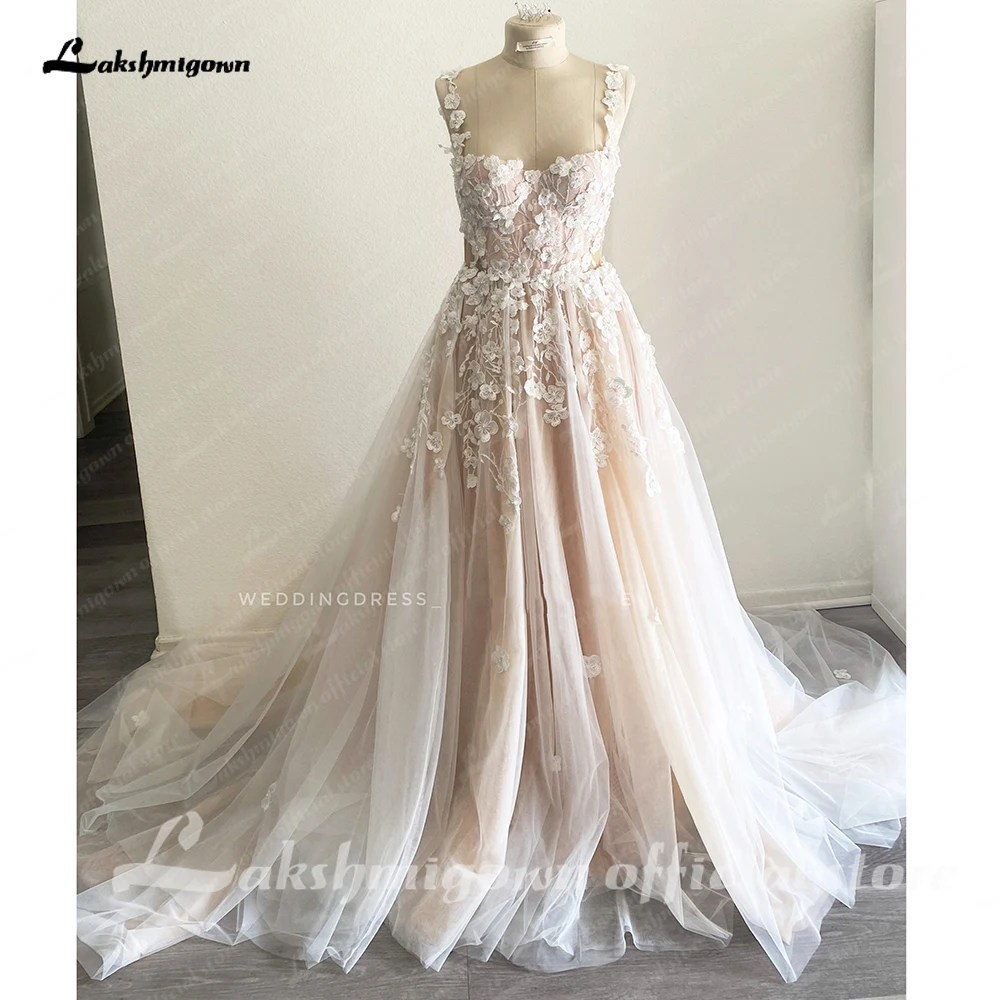 Lakshmigown Abiti da sposa champagne chiaro Fiori 3D Senza spalline Una linea Abito da sposa Abiti da sposa personalizzati da spiaggia