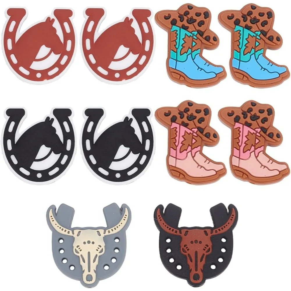 1 Box 12Pcs 6 Styles Cowboy Bead Silicone Focal Beads Bulk Western Cow Cowgirl Boots Horseshoes Cartoon Flat Loose Spacer Pen