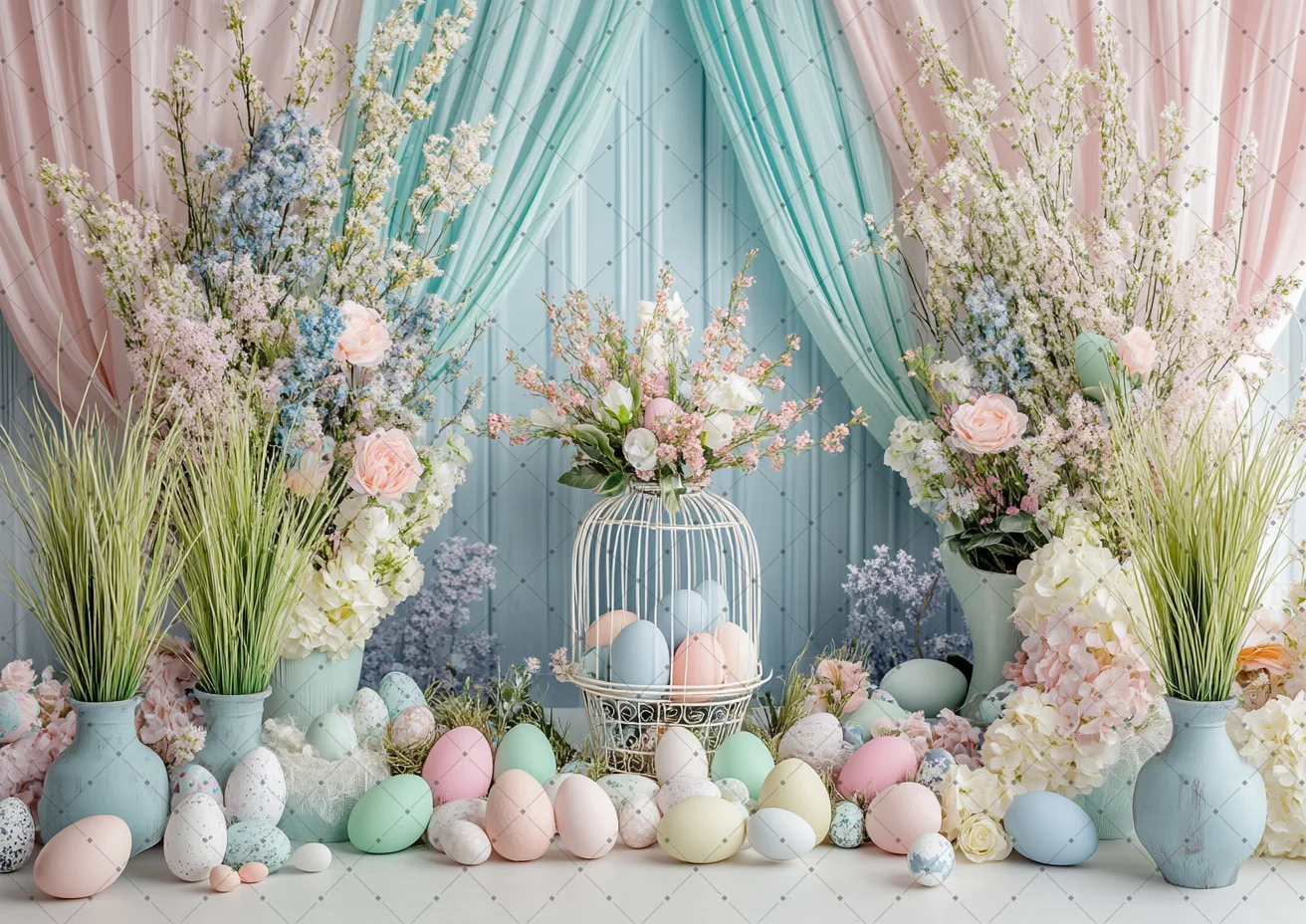 ربيع سعيد عيد الفصح التصوير خلفية نافذة قفص الستار الأبيض البيض الملونة الأزهار استحمام الطفل الاطفال صورة الخلفية