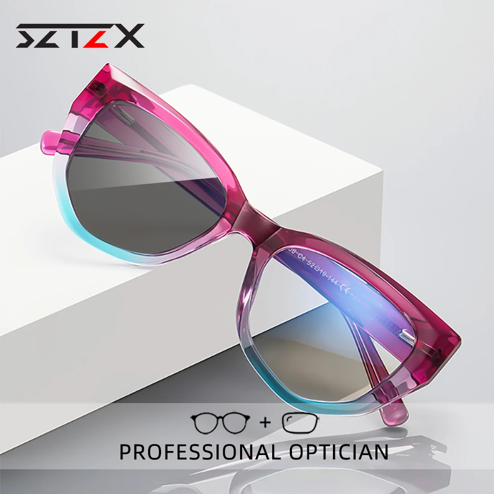 

SZTZX New Fashion Women Cat Eye Photochromic Anti Blue Light Computer Glasses Myopia Hyperopia Prescription Optical Eyewear