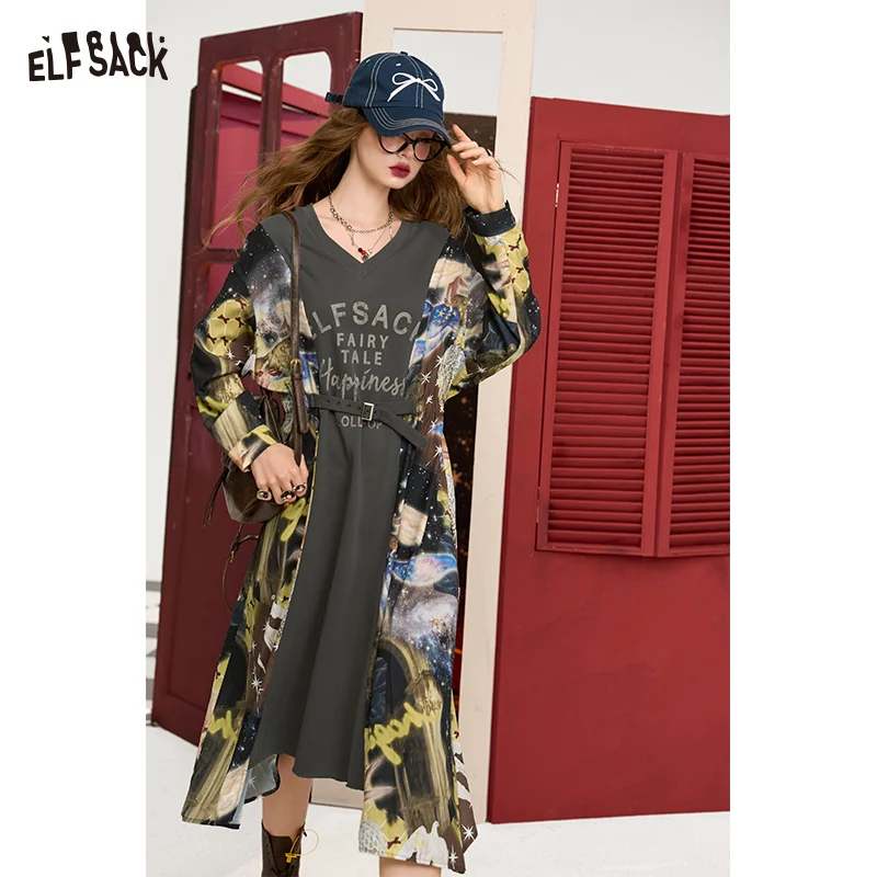 ELFSACK 2024 Autumn New Arrive Grey letter print stitching V-neck waist design slim long sleeve dress for women