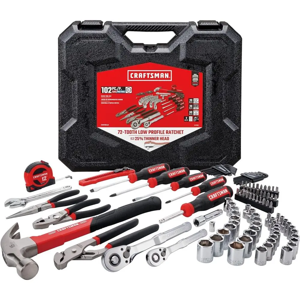 

102-Piece Comprehensive Tool Kit: Home & Car Repair with SAE/Metric Sockets, Screwdrivers, Wrenches, Hammer, Pliers, Knives, Hex
