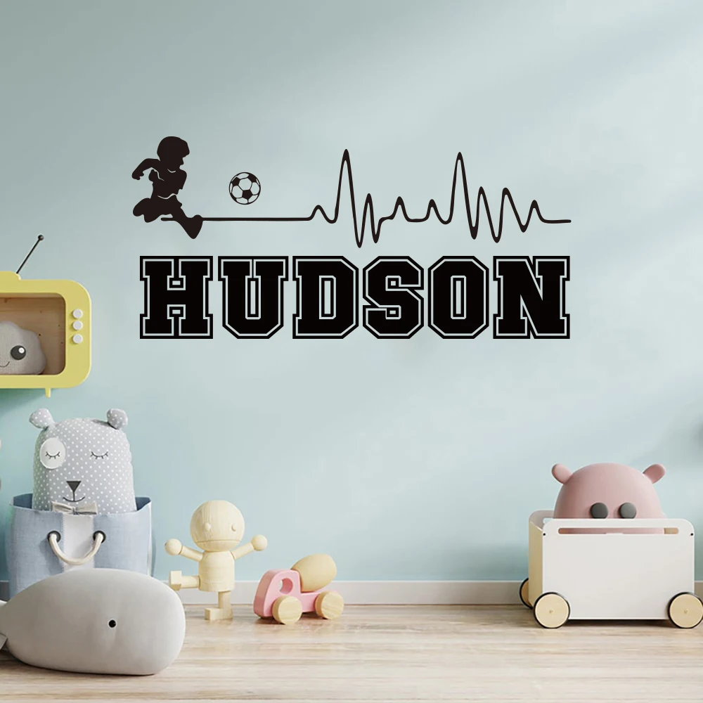 Custom Name Soccer Boy Heartbeat Wall Stickers Kids Playroom Personalized Name Football Wall Decals Bedroom Home Decoration