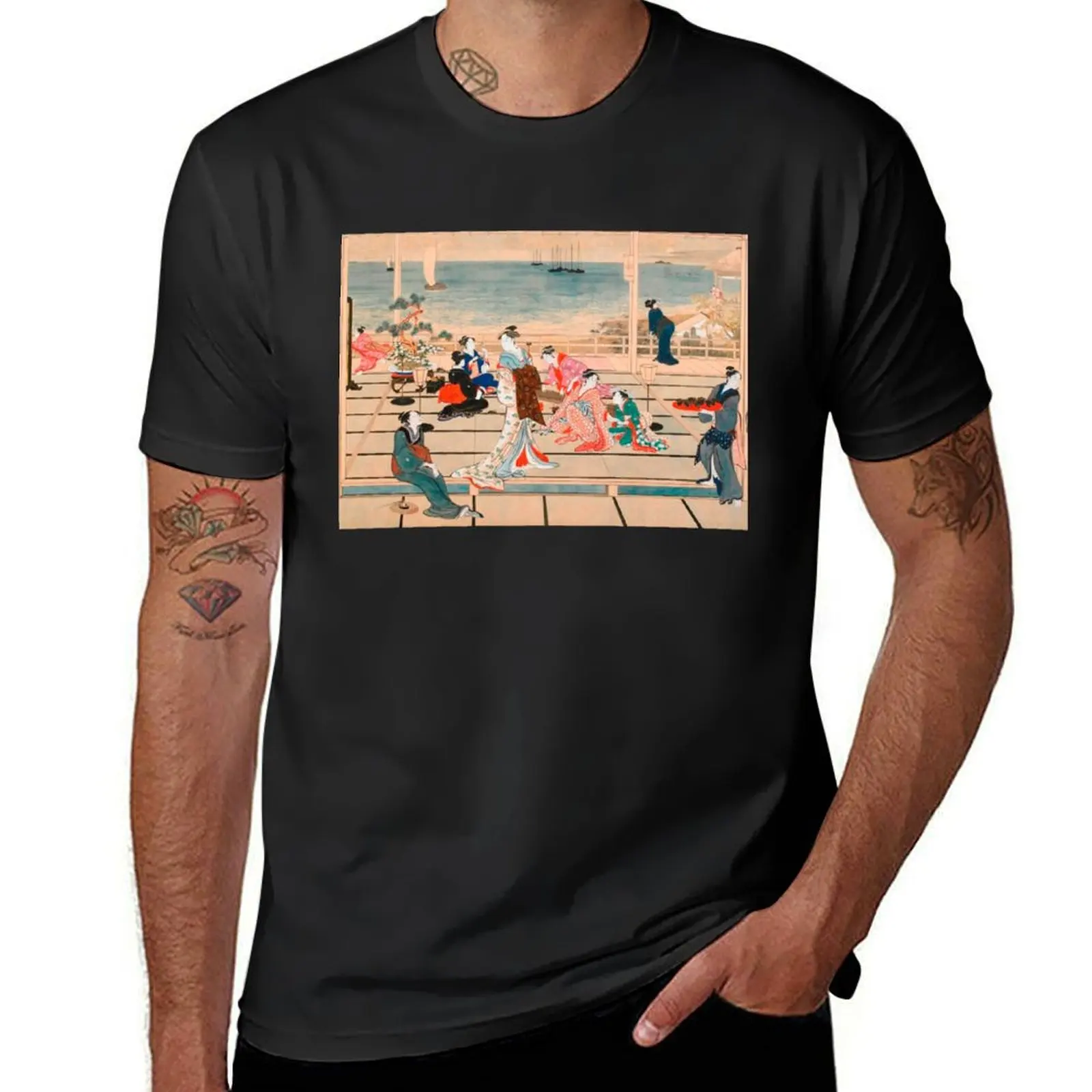 

Japanese Edo ukiyo-e woodblock print/ painting - Moon at Shinagawa by Kitagawa Utamaro T-Shirt quick drying Men's clothing