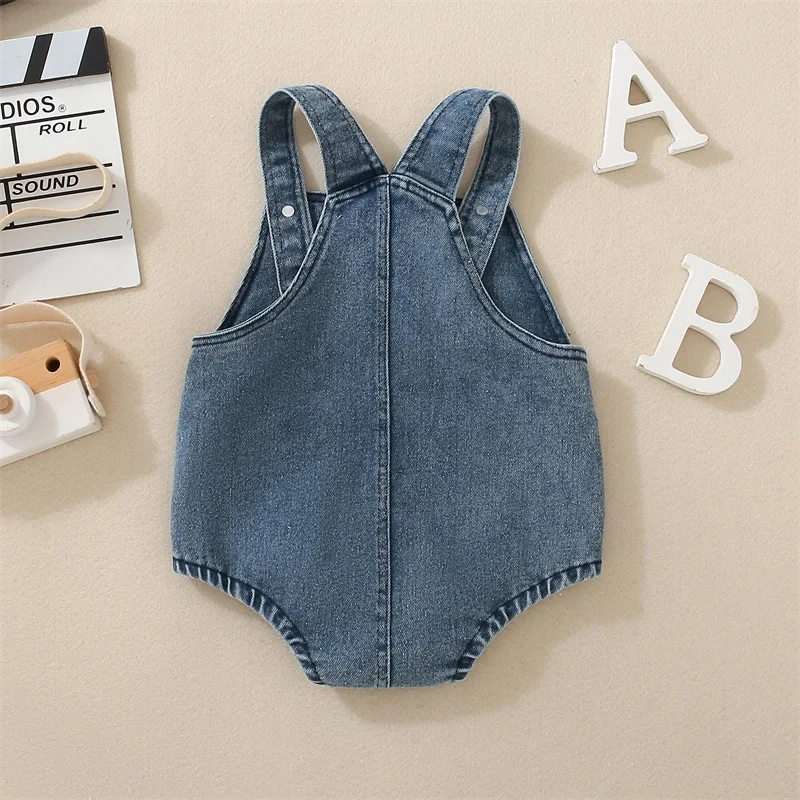 VISgogo Baby Girl Denim Overalls Romper Floral Print Sleeveless Jean Bodysuit with Pocket Summer Clothes