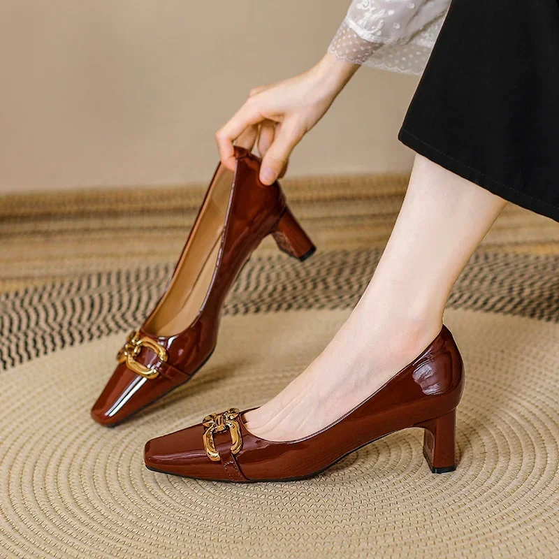 Women\'s Square High Heels Spring Autumn Square Head Patent Leather Single Shoes Female Temperament Slip-on Pumps Single Shoes