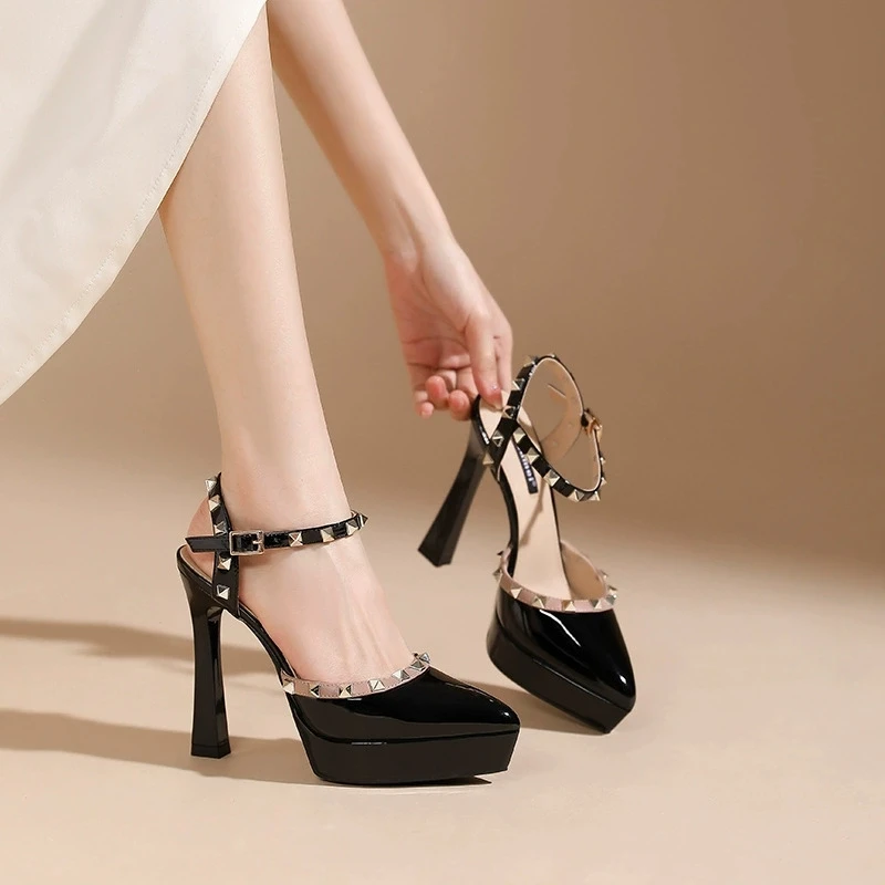 Waterproof Platform High Heel Sandals Fashion Rivet Closed-toe Back Empty Stiletto Single Shoes Sexy Super High Heels Lady Shoes