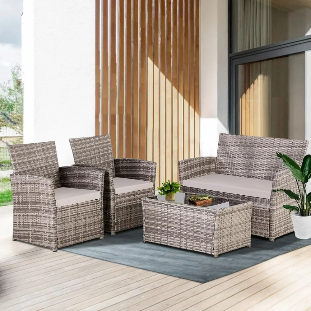 

4 Piece Outdoor Patio Furniture Sets,Wicker Sectional Conversation Sofa Set, Rattan Table and Chairs and Loveseat with Cushions