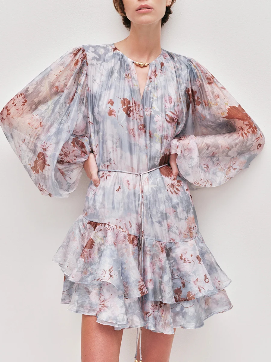 TWOTWINSTYLE Colorblock Spliced Floral Loose Mini Dress for Women Long Sleeves Patchwork Ruffle Casual Dresses Female Elegant