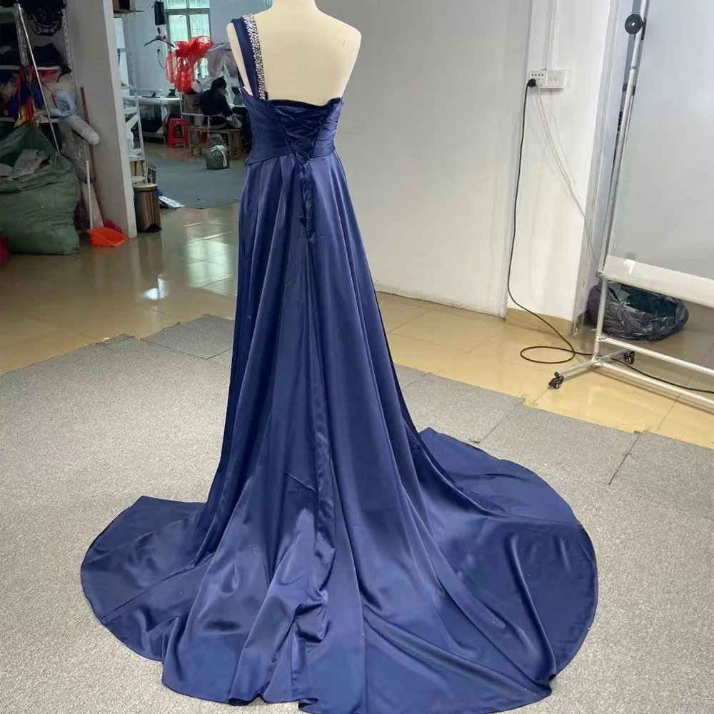 Navy Blue One Shoulder Crystal Ruched Sheath Strapless Mermaid Evening Dress Lace Up Back Design For Special Occasions view 4