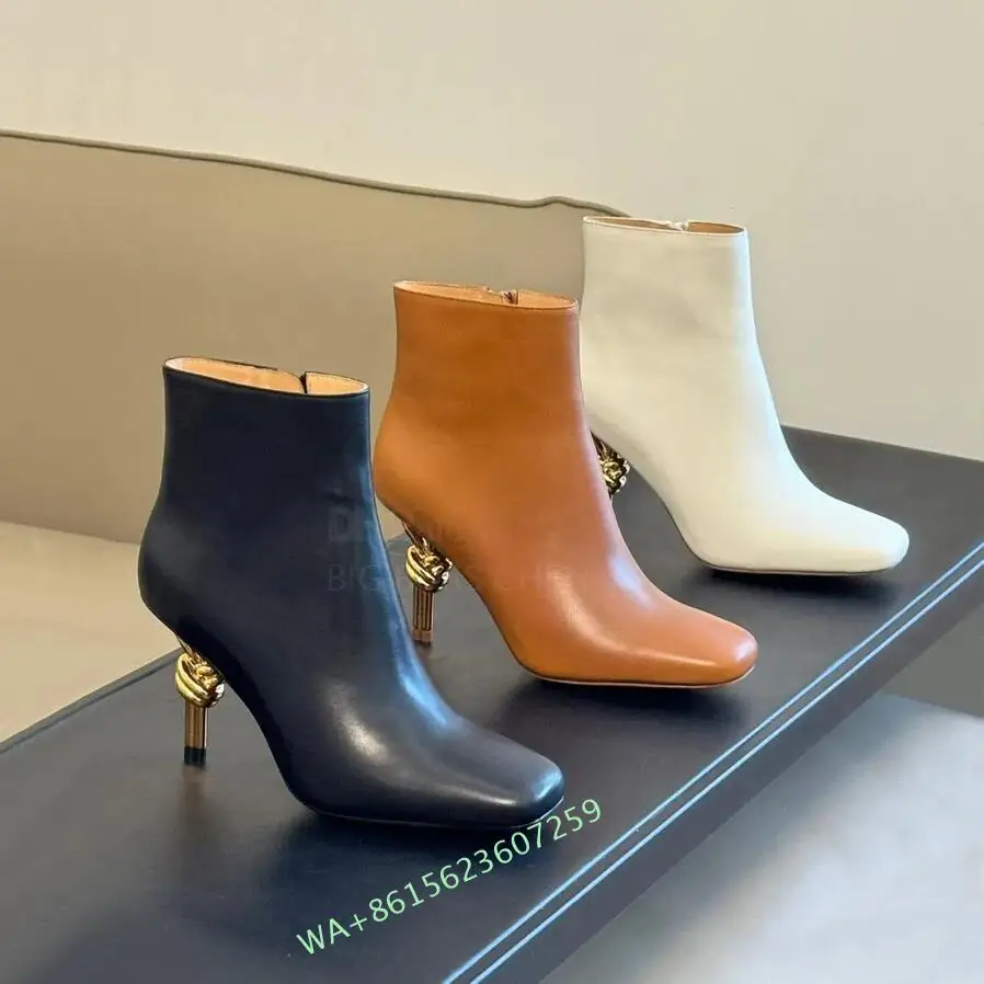 2024 New Arrival Women Metal Knot Shaped Heel Boots High Heel Ankle Nude Boots Elegant Office Side Zip Square Toe Heels Boots