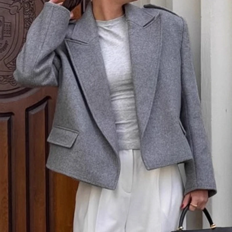 Commuter Workplace Gray Blazer Women's 2025 Fall Design Tweed Shoulder Pad Suit Top Women's Clothing