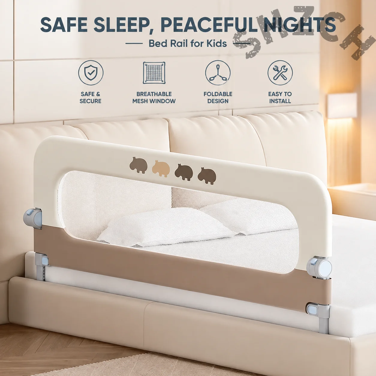 Lightweight Portable Baby Bed Fence Gate with Carrying Bag‌ Detachable Travel Safety Rail One-Button Quick Release Lock System