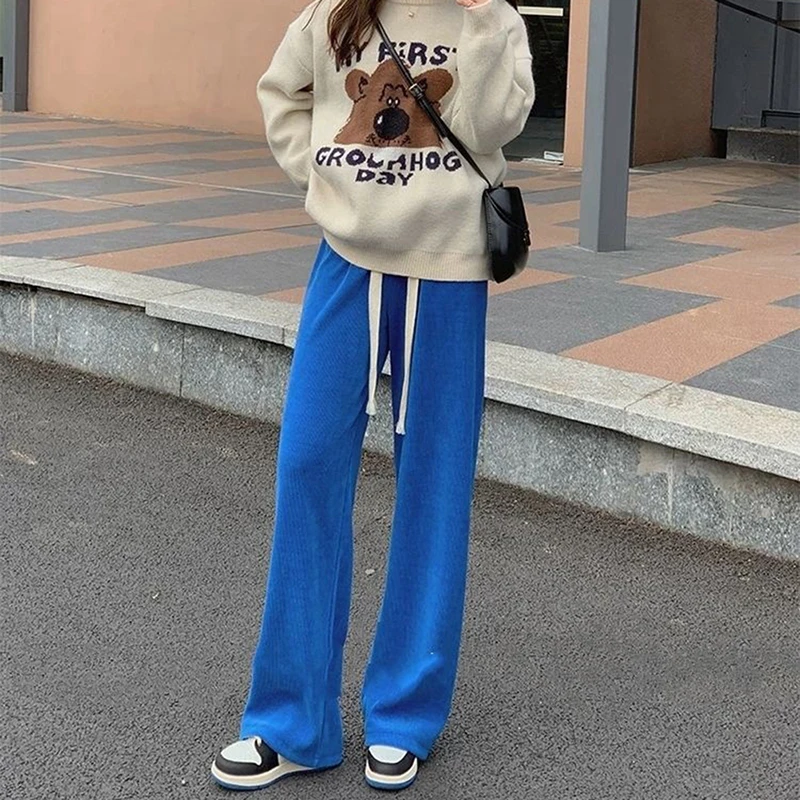 Women's Soft Comfort Knitted Pants Autumn Basic Baggy Long Wide Trousers For Women High Waist Sweatpants Women's Straight Pant