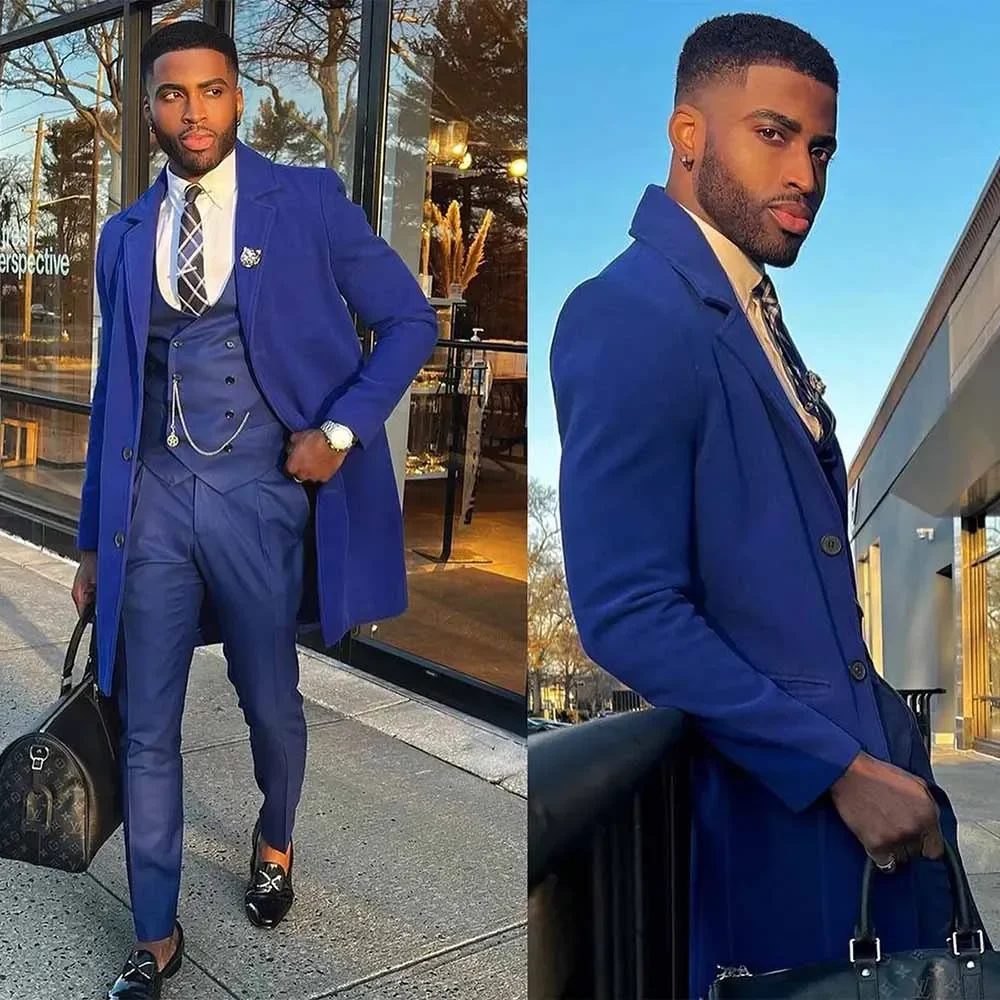 

Luxury Men's Suits Blue Outfits 3 Piece Jacket Pants Vest Long Blazer Single Breasted Notch Lapel Business Smart Casual Full Set