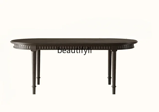 

French Retro Solid Wood Dining Table White Wax Black Oval American Small Apartment Dining Table