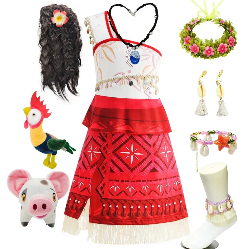 

Moana Dress for Girls Summer Dress Girl Princess Cosplay One Shoulder Suspender Dress Accessories Set