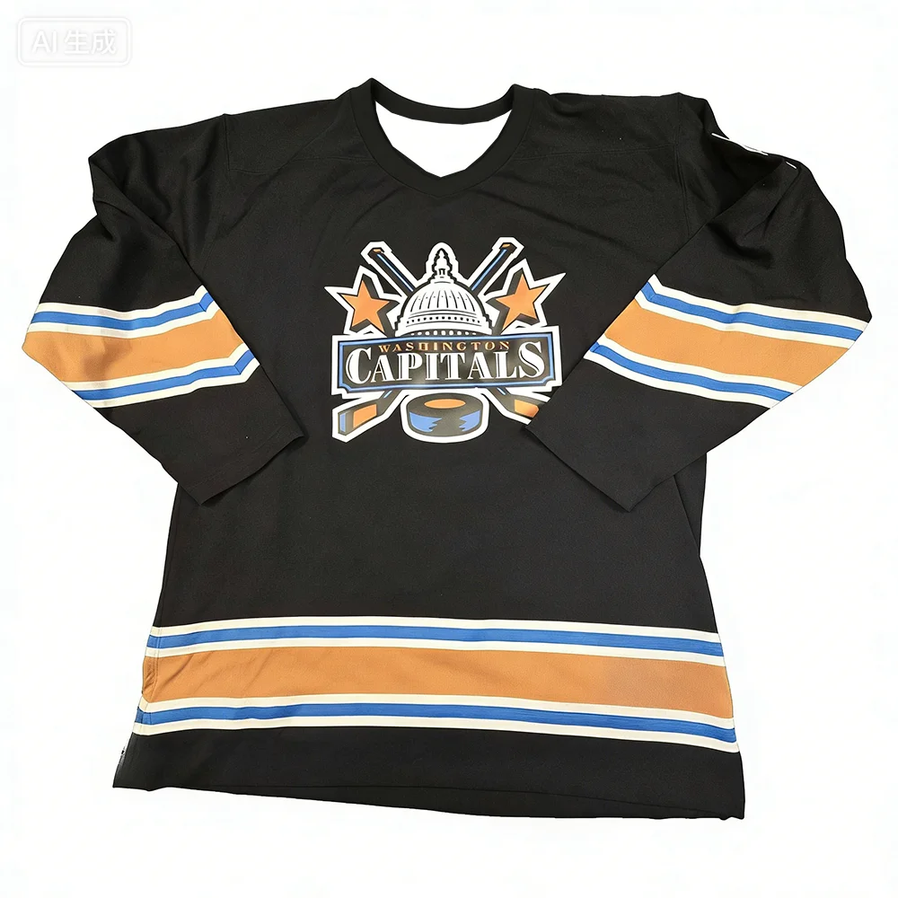 HOCKEY JERSEY - BLACK WITH BLUE/ORANGE/WHITE ACCENTS CLASSIC CAPITALS LOGO VINTAGE STRIPED DESIGN ATHLETIC JERSEY 3D HD PRINTS