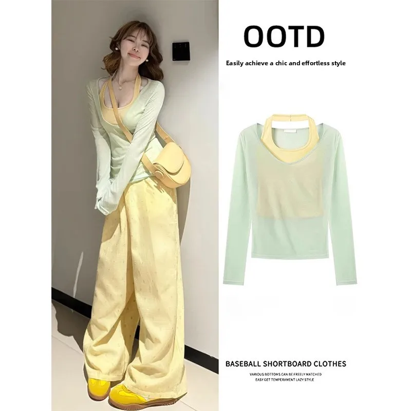 

Мятно-зеленый летний легкий топ из тюля и комплект из двух предметов с бретельками Bamine для весенне-летнего сезона