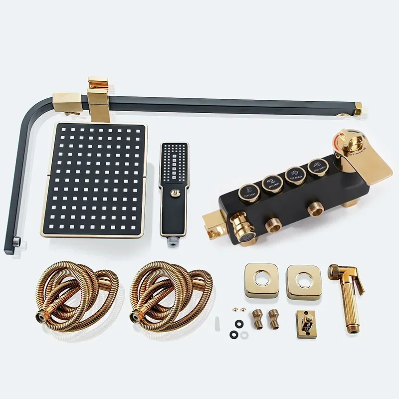 Brass Thermostatic Shower Set Black with Gold 4 Functions Shower System Wall Mounted Bathroom Shower Faucet