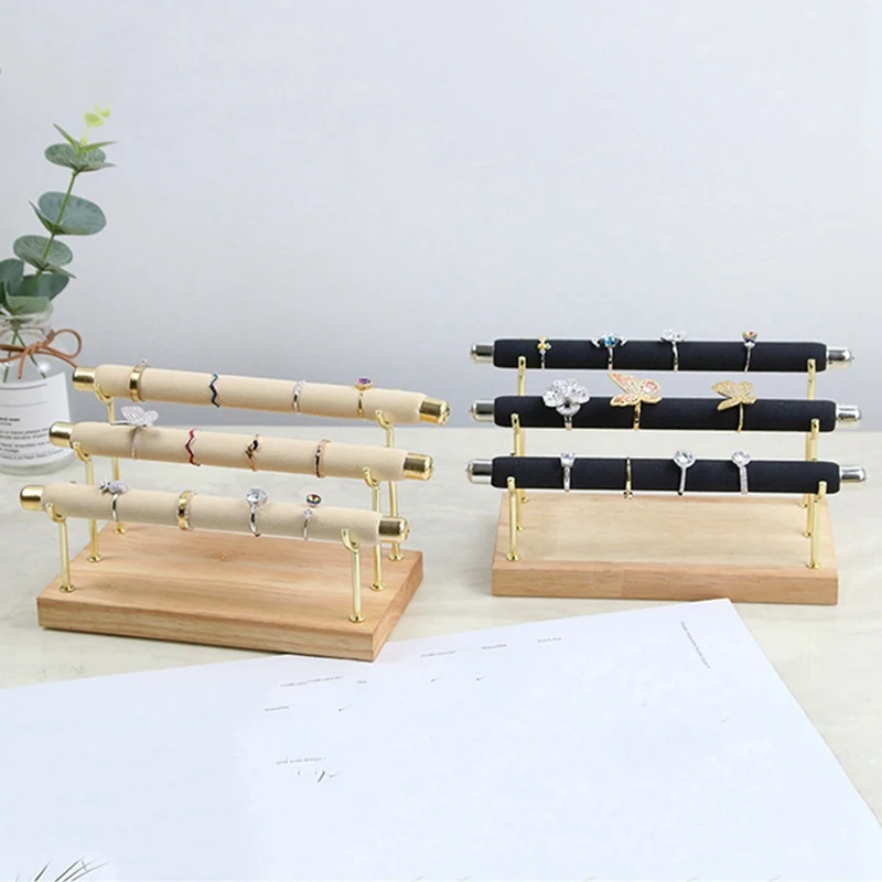 

2 Pcs Wooden Jewelry Display Stand Ring Holder T-Bar Display Bracelets Anklets Jewelry Display Stand, Wood Color & Black