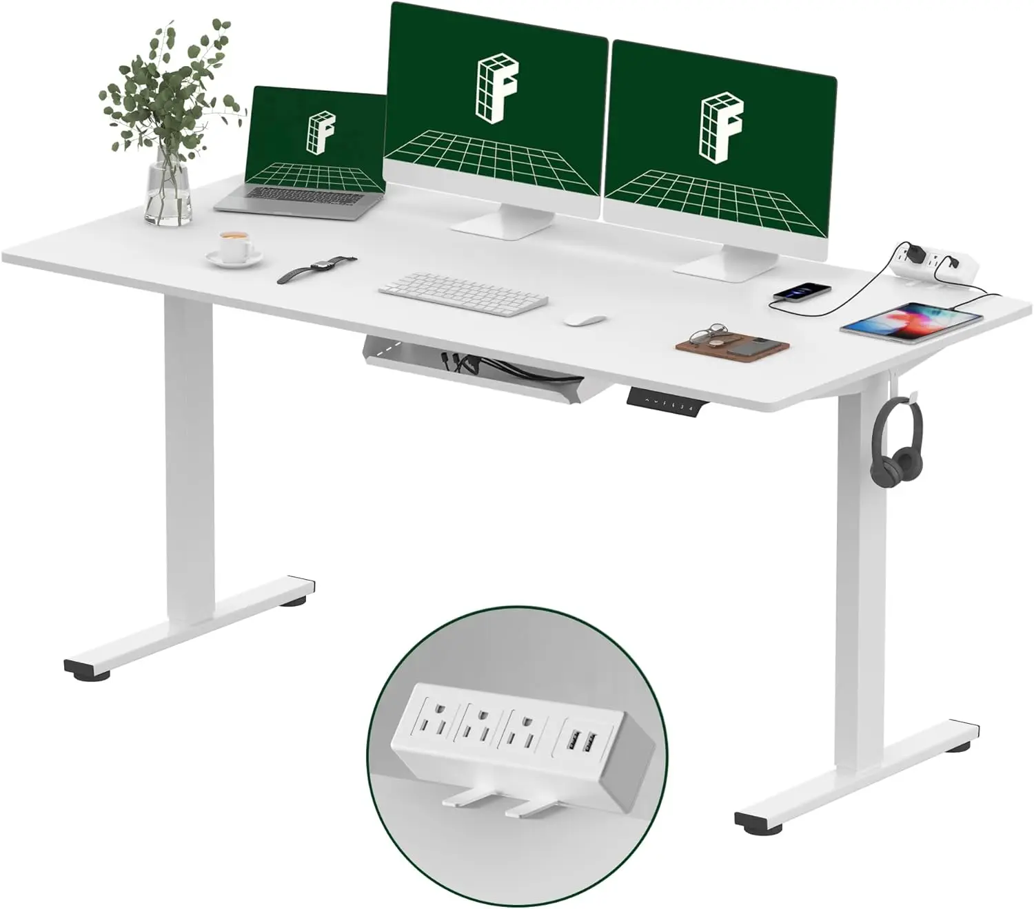 

EN2 Whole-Piece Standing Desk with Clamp Power Strip 60 x 24 Electric Stand Up (White Frame + 60" White Desktop 2 Packages)