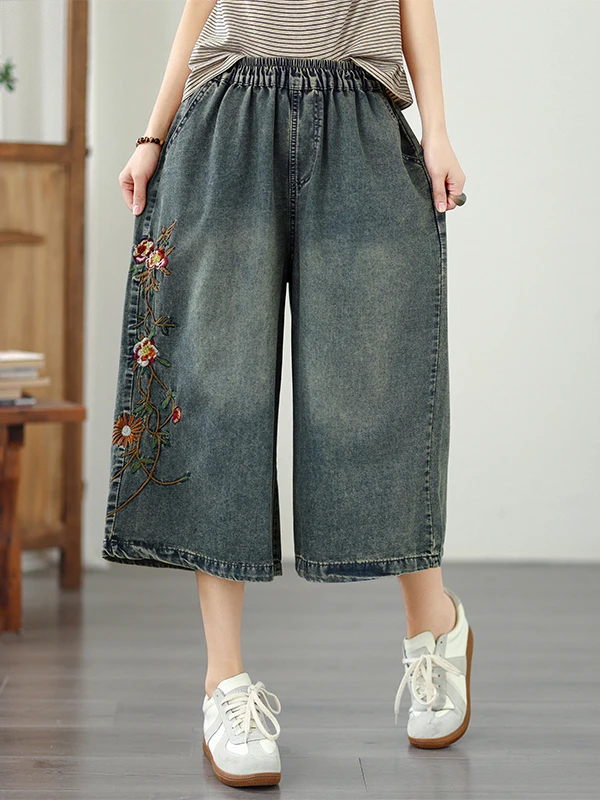 

Ретро джинсовые капри свободного кроя с вышивкой, женские, больших размеров, утягивающие, тонкие, с широкими штанинами, повседневный стиль, летние новинки