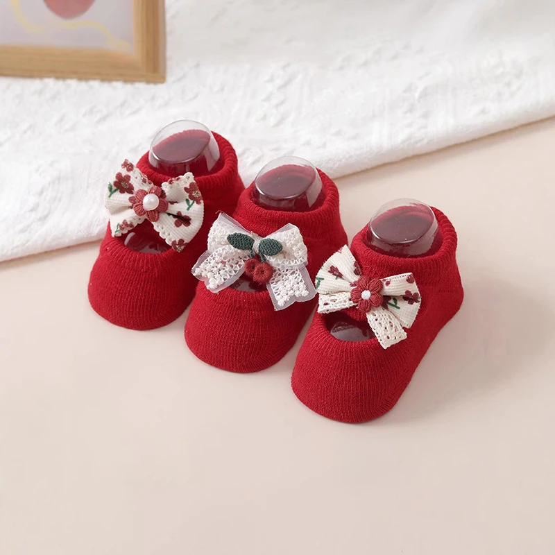Print Flower Bow Baby Boat Socks Pearl Bowknot Infant Short Sock Anti-Slip Newborn Floor Socks New Year Red Footwear 0-1Year Kid