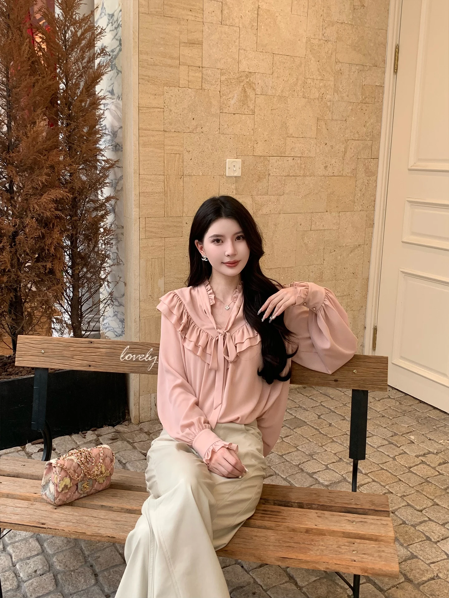 

Розовая шифоновая рубашка Kun Art Yili, женская весенняя блузка с рукавами-фонариками, новый французский стиль, прямой крой, длинный рукав, полиэстер