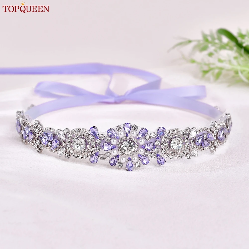 TOPQUEEN Lavender Rhinestone Crystal Bridal Belt, Fashion Floral Waist Sash, Wedding Dress Belt, Prom Party Accessory - view 4