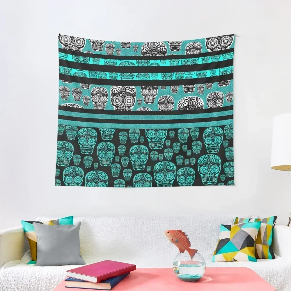 Blue And Black Candy Skull Pattern Striped Tapestry Room Decorator Luxury Living Room Decoration Tapestry