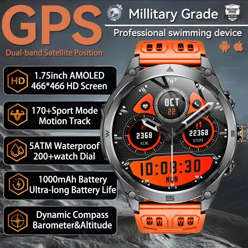 

Смарт-часы для мужчин с GPS-позицией, аккумулятор 1000 мАч, 10 АТМ, водонепроницаемый компас, кровяное давление, BT Call, спортивные умные часы