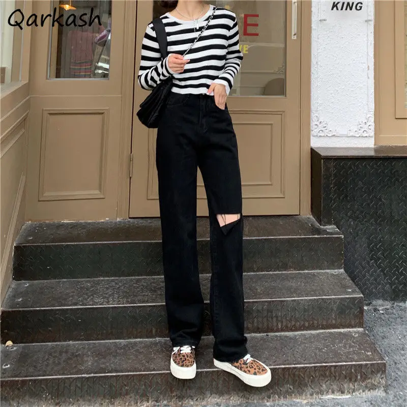 

Jeans Women Straight Holes Ripped All-match Streetwear Retro Trousers High Waist Trendy Ulzzang Fashion Leisure Teens Trouser