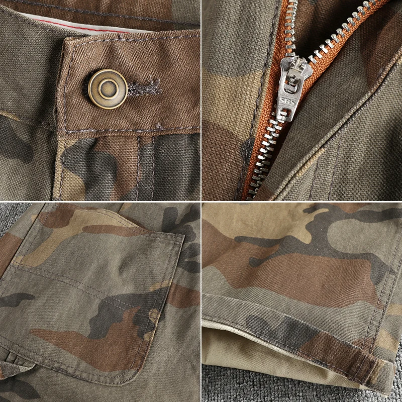 2024 Autumn New American Rerto Woven Twill Camouflage Cargo Pants Men\'s Simple 100% Cotton Washed Loose Straight Casual Trousers