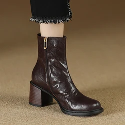 Winter Shoes Woman Sheepskin Real Leather Shoes Spring Autumn Side Zip Ankle Boots British Style Thick Heel Women's Short Boots