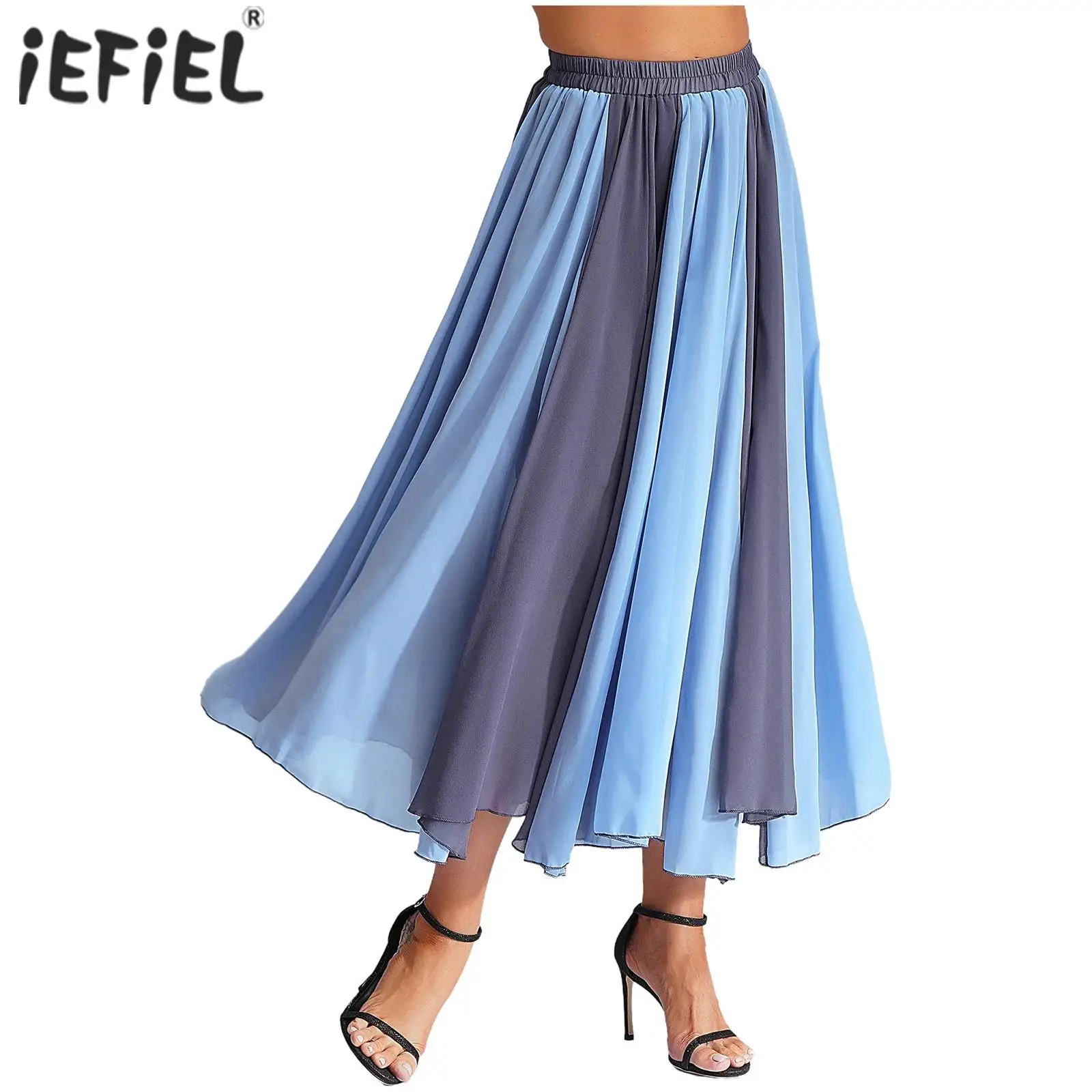 Women 720 Degrees Elastic Waistband Flowy Swing Pleated A-Line Long Maxi Skirt Classical Lyrical Dance Performance Costumes