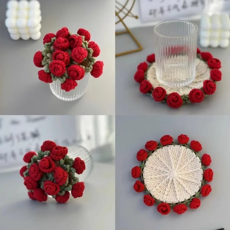 

Handmade Crocheted Rose Coasters Small Flower Bouquets Office Yarn Weaving Handmade Simulated Flower Baskets Finished Products
