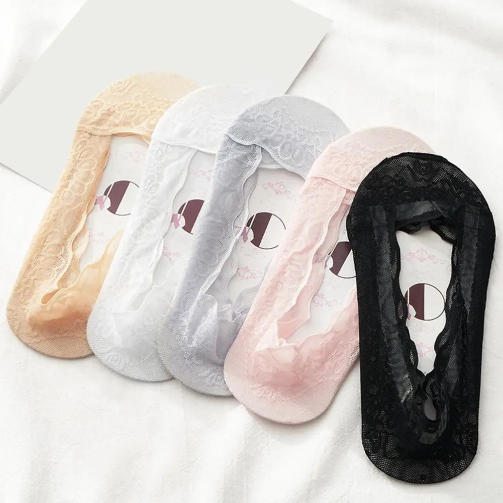 1 Pair Women No Show Socks, Lace Low Cut Invisible Socks, Breathable Non Slip Socks with Lace Trim for Slip-on Shoes High Heels