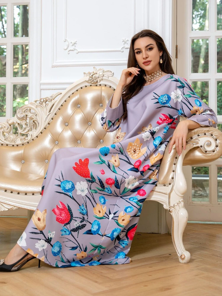 Vestido largo musulmán Eid para mujer, Jalabiya Abaya con cuentas de Marruecos, caftán de Ramadán, estampado Abaya de Dubái, 2024