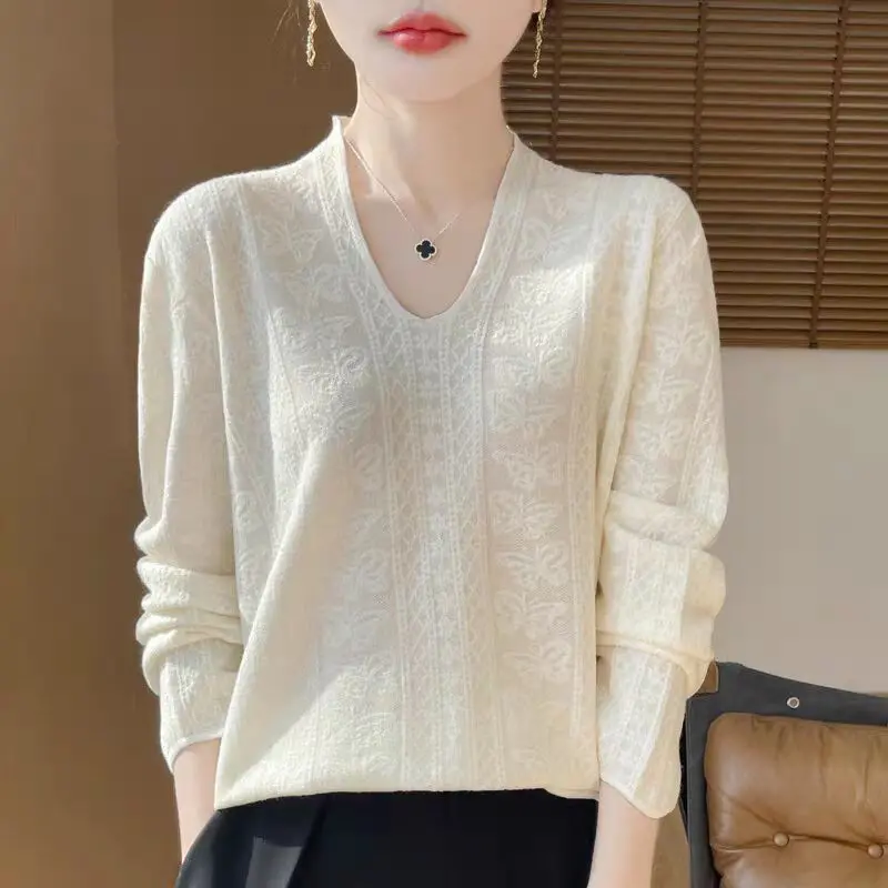 

Women's Clothing Fashion V-neck Loose Knit Pullovers Aurumn Winter New Chic Crochet Solid Long Sleeve Sweaters Office Lady Tops